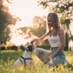 Young Smiling Woman Training French Bulldog in Park